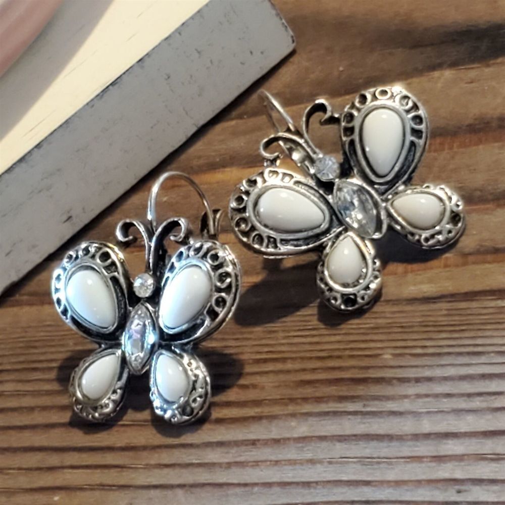 Antiqued Silver White & Clear Crystal Rhinestone Butterfly Leverback Earrings